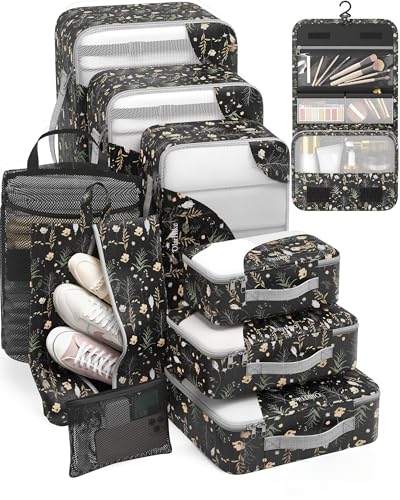 ALL INCLUDED 10 Set Durable Packing Cubes for Suitcases,OlarHike Essentials for Travel,UPGRADED Anti-Tear Stitching, NEW Improved Luggage Packing Organizers for Travel Accessories, Black Flower