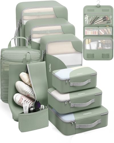ALL INCLUDED 10 Set Durable Packing Cubes for Suitcases,OlarHike Essentials for Travel,UPGRADED Anti-Tear Stitching, NEW Improved Luggage Packing Organizers for Travel Accessories, Matcha Green