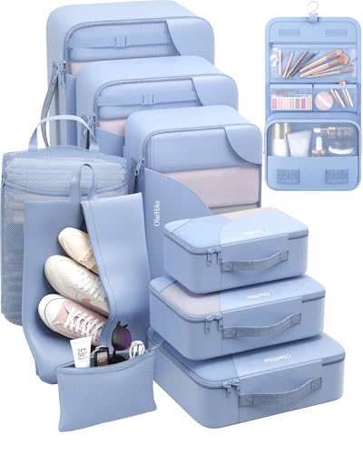 ALL INCLUDED 10 Set Durable Packing Cubes for Suitcases,OlarHike Essentials for Travel,UPGRADED Anti-Tear Stitching, NEW Improved Luggage Packing Organizers for Travel Accessories, Light Blue