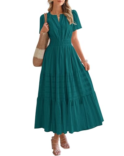 BTFBM Womens Summer 2025 Casual Midi Maxi Dresses Lightweight Short Sleeve V Neck Elastic Waist Boho Beach Dress Pockets