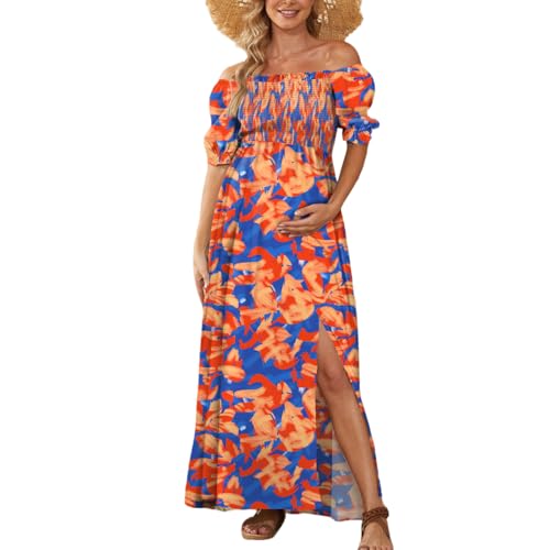 Floral Maternity Dress Square Neck Puff Sleeve Smocked Boho