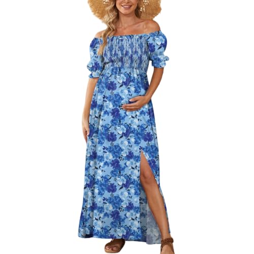 Floral Maternity Dress Square Neck Puff Sleeve Smocked Boho