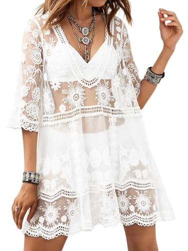 Eomenie Women's Contrast Lace Bathing Suit Cover Up V-Neck Swimsuit Coverups Loose Swimwear Beach Dress Beachwear