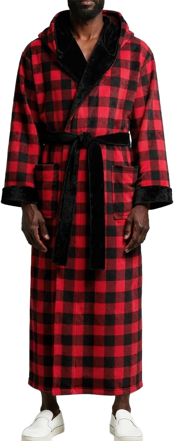 Alexander Del Rossa Mens Robe with Hood, Plush Fleece Hooded Mens Bathrobe, Big and Tall Bath Robes for Men