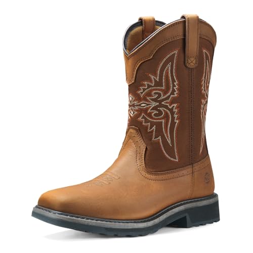 NINGO Men's Cowboy Boots Square Steel Toe, Full-Grain Leather & Oxford Splicing, Non-Slip Western Comfortable Work Boots with EH Protection, for Construction, Farming and Outdoor Work