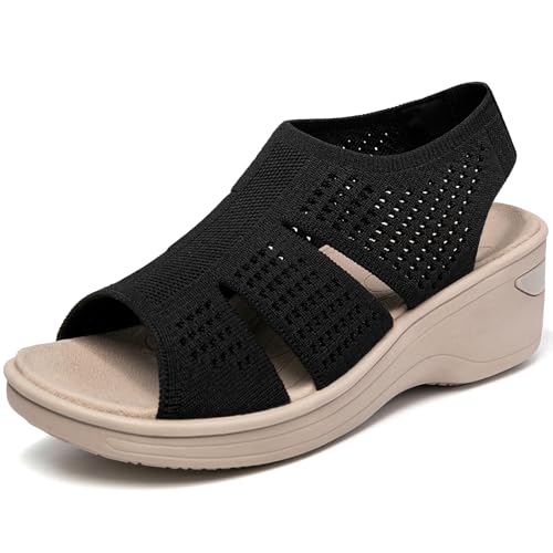 KOIMED Women's Comfortable Platform Walking Sandals With Memory Foam Open Toe Lightweight Breathable Soft Mesh Washable For Summer Travel Casual Beach Outdoor Sport