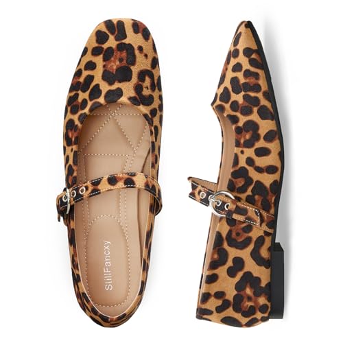 Leopard Flats for Women Mesh Ballet Flats Mary Jane Animal Print Shoes Slip On Casual Breathable Ballerina Flats