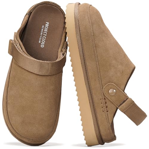 Project Cloud Genuine Suede Clogs for Women - Memory Foam Womens Clogs & Mules with Adjustable Straps - Lightweight Platform Shoes Non-Slip Slides (Goldstar)