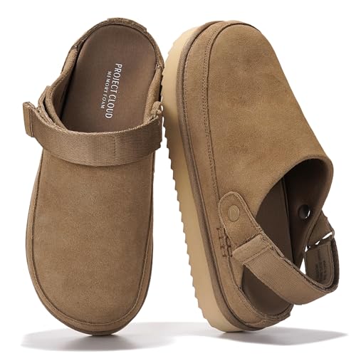 Project Cloud Genuine Suede Clogs for Women - Memory Foam Womens Clogs & Mules with Adjustable Straps - Lightweight Platform Shoes Non-Slip Slides (Goldstar)