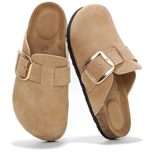 Project Cloud 100% Genuine Leather Clogs for Women Shoes - Memory Foam Insole, Non-Slip & Natural Cork Footbed Arch Support Big Buckle Womens Clogs and Mules Footwear (Manchester)