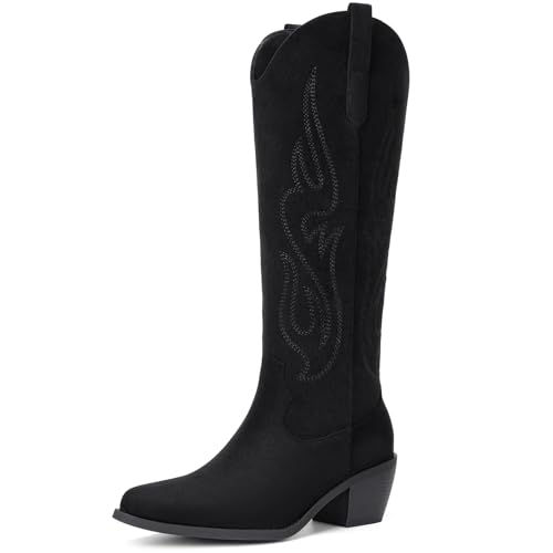 Pasuot Western Cowboy Boots for Women - Knee High Wide Calf Cowgirl Boots with Classic Embroidered, Slip On Pointed Toe Chunky Heel Fashion Retro Classic Pull On Tall Boot for Girls Ladies Fall Winter