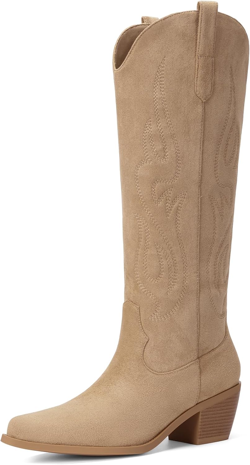 Pasuot Western Cowboy Boots for Women - Knee High Wide Calf Cowgirl Boots with Classic Embroidered, Slip On Pointed Toe Chunky Heel Fashion Retro Classic Pull On Tall Boot for Girls Ladies Fall Winter