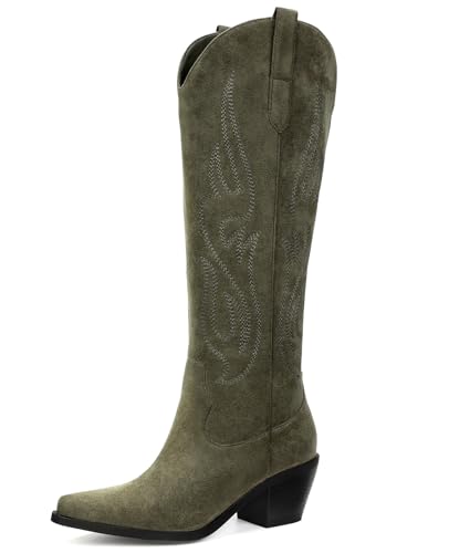Pasuot Western Cowboy Boots for Women - Knee High Wide Calf Cowgirl Boots with Classic Embroidered, Slip On Pointed Toe Chunky Heel Fashion Retro Classic Pull On Tall Boot for Girls Ladies Fall Winter