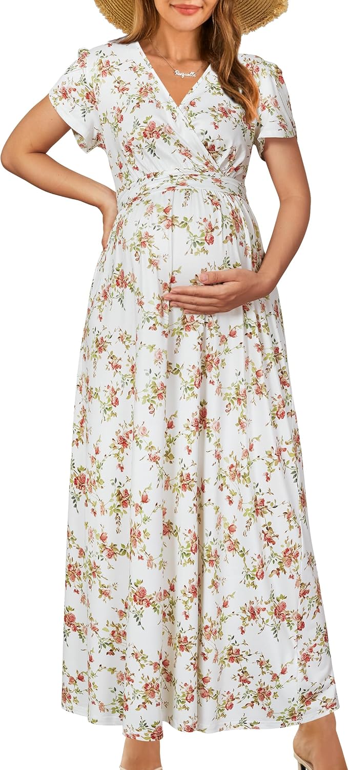 OUGES Maternity Maxi Dress Wrap V Neck Baby Shower Pregnancy Dresses for Photoshoot
