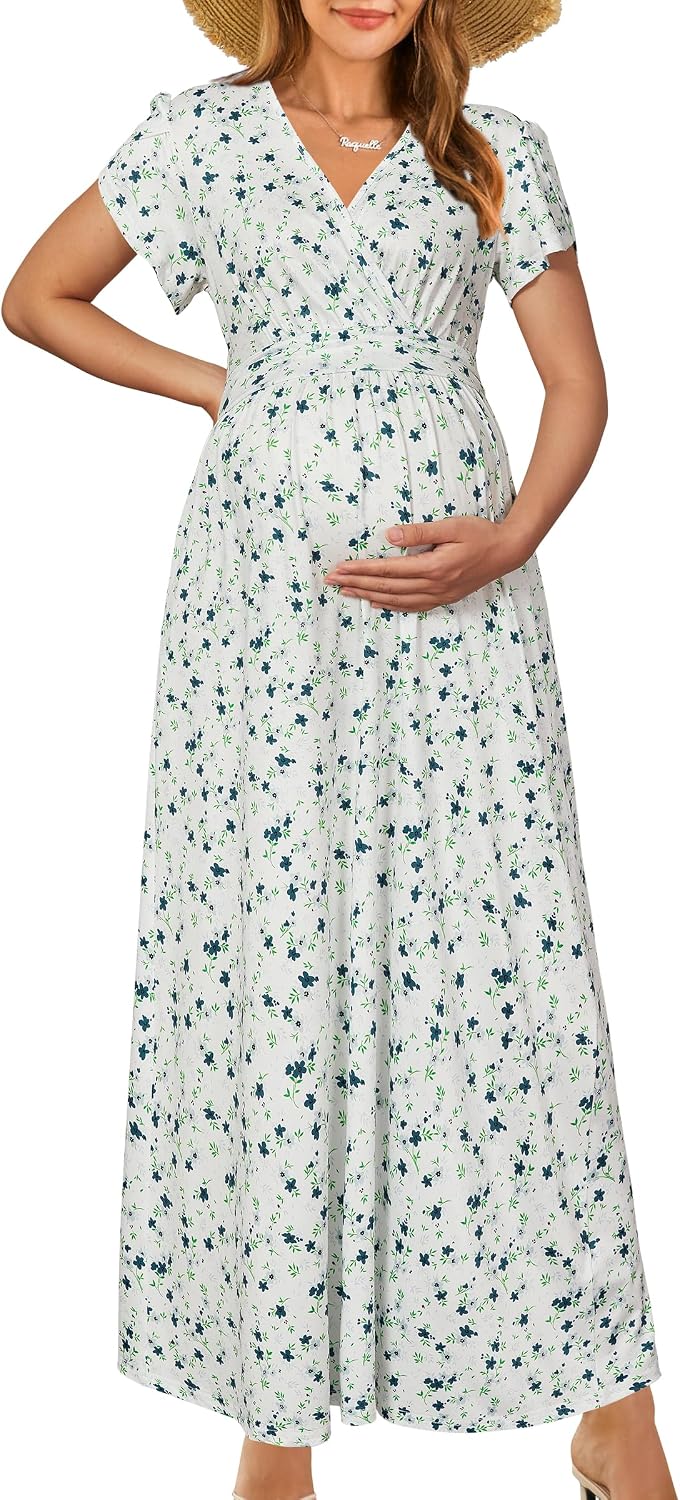 OUGES Maternity Maxi Dress Wrap V Neck Baby Shower Pregnancy Dresses for Photoshoot