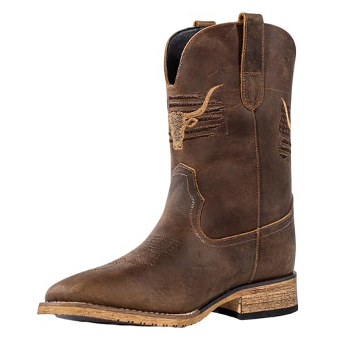 Winbird Cowboy Boots For Men Square Toe Western Men's Boots Vegan/Genuine Leather with Classic Patriot Pull On Boot, Slip Resistant Country Boots Chunky Heel Short Boots for Spring Fall