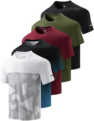 5 Pack Mens Active Quick Dry Crew Neck T Shirts | Athletic Running Gym Workout Short Sleeve Tee Tops Bulk