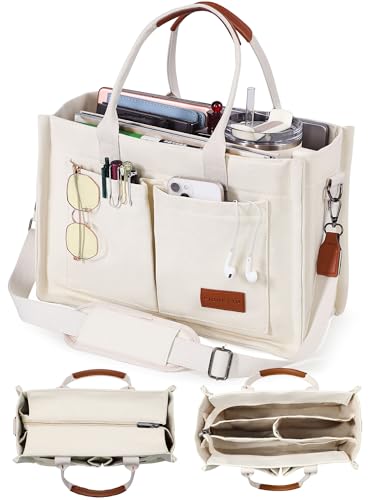 FIORETTO Canvas Tote Bag for Women with Zipper Closure & Individual Compartments for Work College for Teacher & Nurse