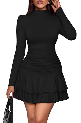PRETTYGARDEN Women's Fall Long Sleeve Dresses 2025 Mock Neck Ruched Y2K Clothes Ruffle Layered Bodycon Mini Party Dress