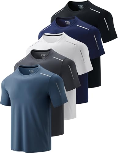 5 Pack Mens Active Quick Dry Crew Neck T Shirts | Athletic Running Gym Workout Short Sleeve Tee Tops Bulk