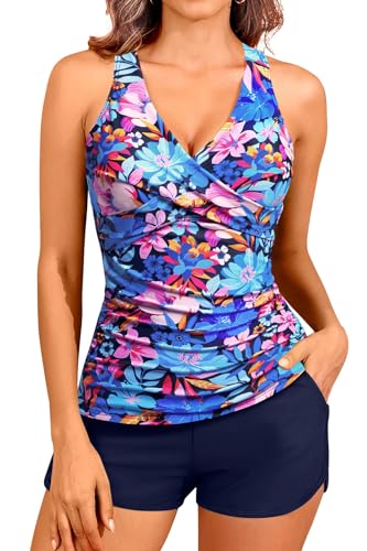 Women Tankini Swimsuits with Shorts - Two Piece Tummy Control Bathing Suits Top with Two Pockets Bottom Swimwear