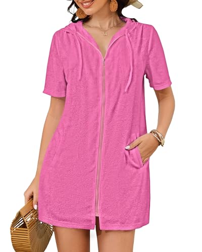 Bsubseach Terry Cloth Cover Up - Women 2025 Zipper Swimsuit Coverup Hooded Swim Robes Beach Coverups with Pockets