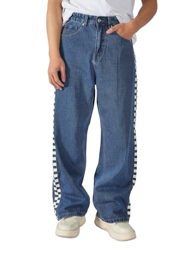 Plaid&Plain Men's Hip Hop Baggy Jeans Casual Wide Leg Y2k Skateboard Vintage Denim Pants Streetwear