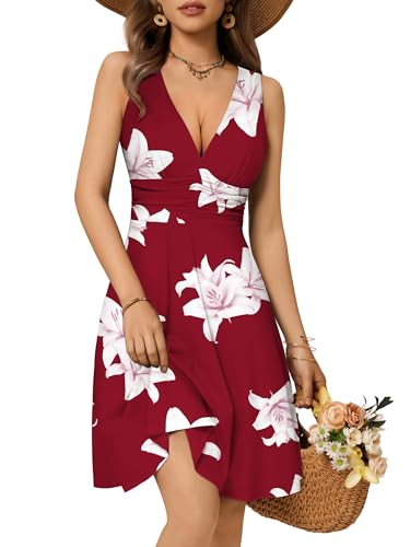 OURIN Women's Spring Deep V Neck Sleeveless Floral Sundresses with Pockets Flowy Summer Dresses for Women 2025