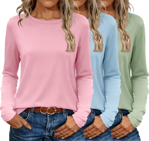 Ekouaer 3 Pack Long Sleeve Shirts for Women Crew Neck Thermal Tops Lightweight Base Layer Undershirt Tees 2025 S-XXL