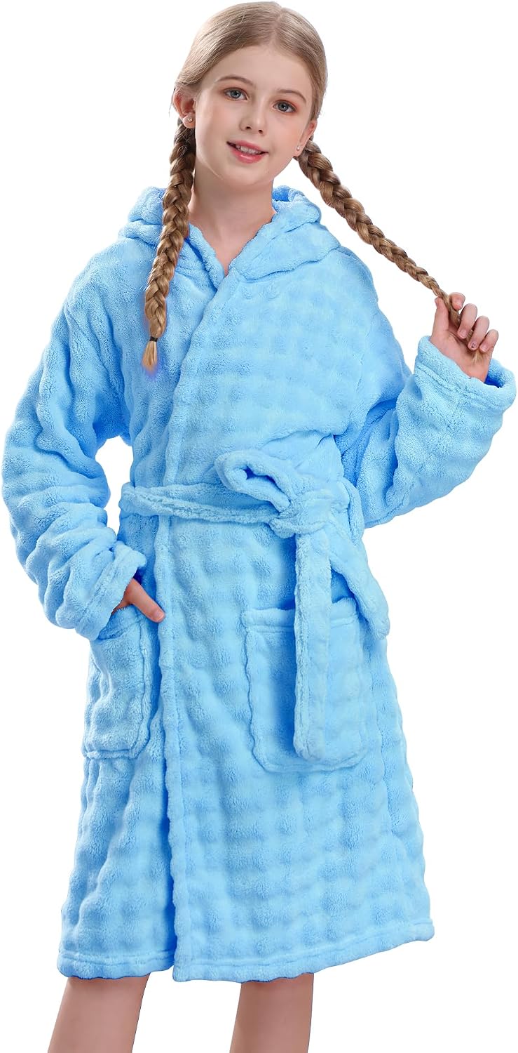 V.&GRIN Girls Hooded Towel Robe, Super Absorbent Quick-Dry Kids Bathrobe for Bath & Pool - Solid Colors Bubble Texture
