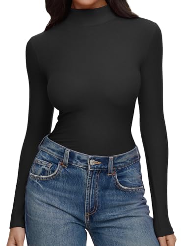 REORIA Womens Turtleneck Tops Slim Basic Mock Neck Long Sleeve Shirts 2025 Fall Winter Layering Outfits