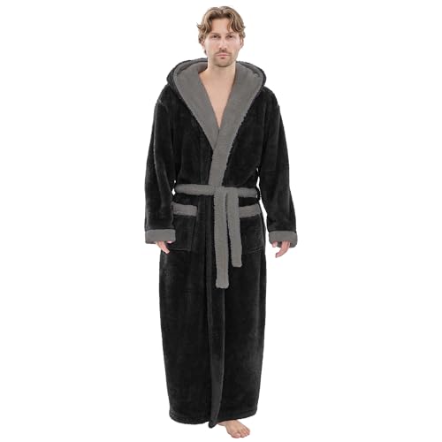 Mens Plush Robes Full Length, Big and Tall Fleece Hooded Bathrobe Warm Fluffy Cozy Winter Housecoat Floor Length