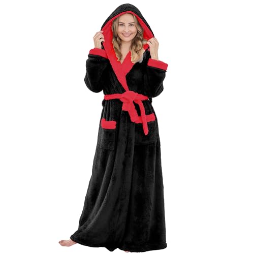 Long Robes For Women Floor Length, Fluffy Fleece Warm Cozy Hooded Bathrobe Plush Luxury Plus Size Winter Housecoat