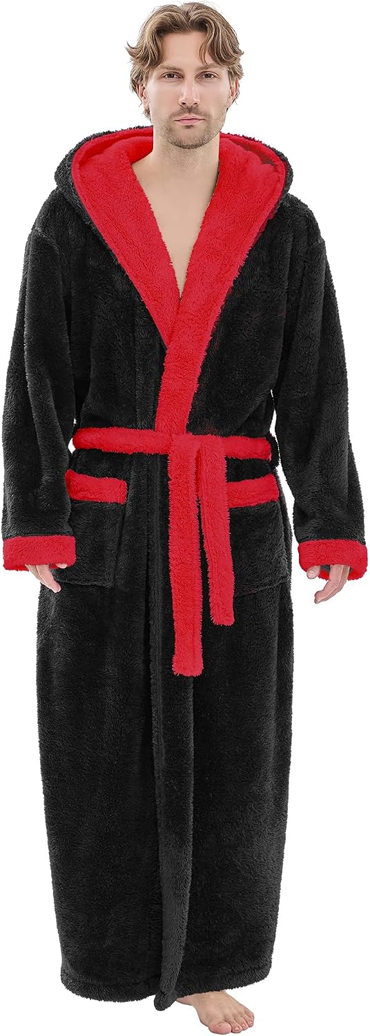 Mens Plush Robes Full Length, Big and Tall Fleece Hooded Bathrobe Warm Fluffy Cozy Winter Housecoat Floor Length