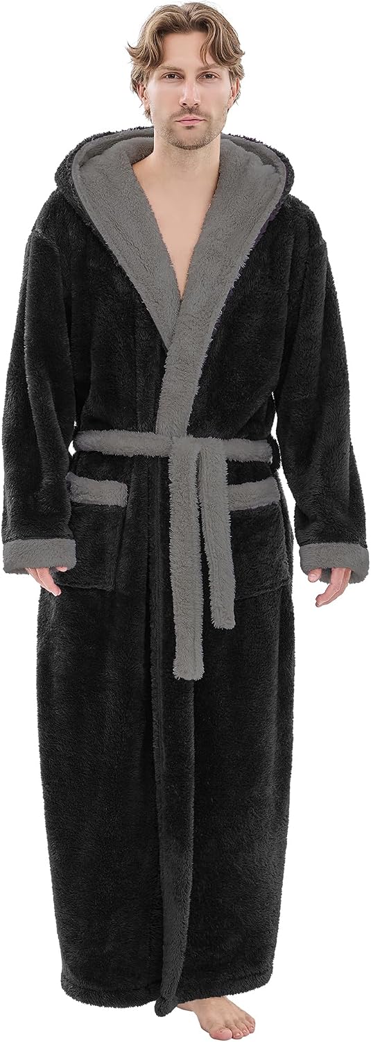 Mens Plush Robes Full Length, Big and Tall Fleece Hooded Bathrobe Warm Fluffy Cozy Winter Housecoat Floor Length