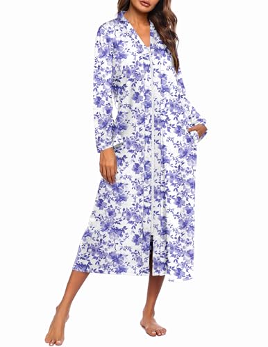 Ekouaer Women Zipper Robe Long Sleeve Loungewear Lightweight Housecoat Full Length Nightgown with Pockets