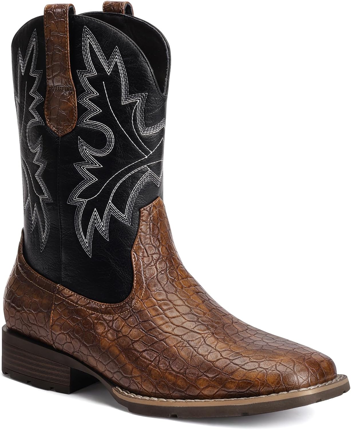 Lumeheel Cowboy Boots for Men - Western Men's Boots with Classic Embroidered, Slip on Square Toe Boots, Slip Resistant Country Boots Chunky Heel Ankle, Durable Short Boots for Spring Fall