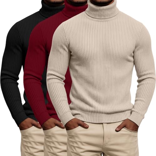 3 Pack Men's Ribbed Turtleneck Shirts, Long Sleeve Mock Neck Lightweight Pullover Sweaters Knit Base Layer Tee Tops