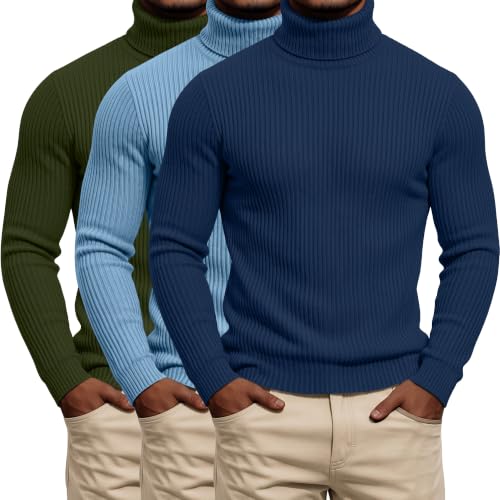 3 Pack Men's Ribbed Turtleneck Shirts, Long Sleeve Mock Neck Lightweight Pullover Sweaters Knit Base Layer Tee Tops