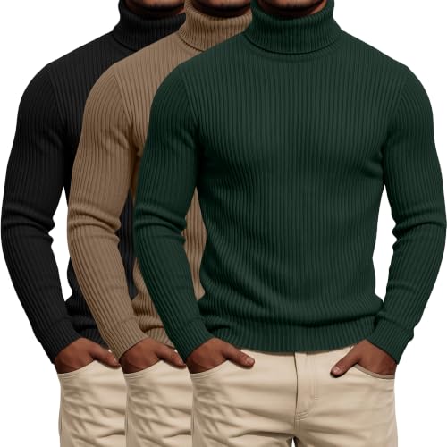 3 Pack Men's Ribbed Turtleneck Shirts, Long Sleeve Mock Neck Lightweight Pullover Sweaters Knit Base Layer Tee Tops