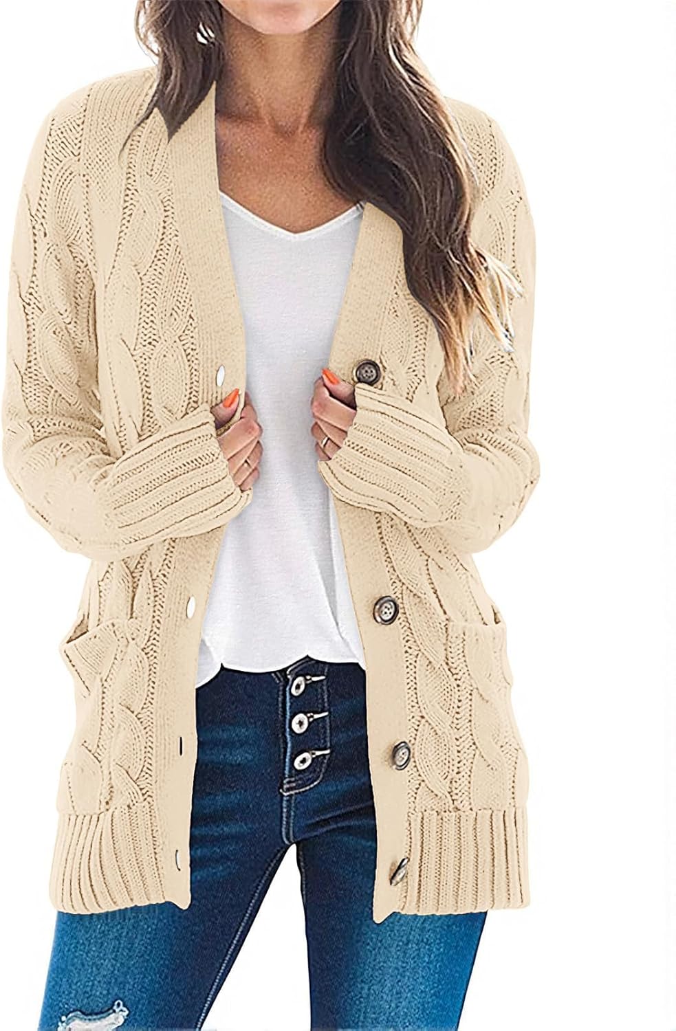 MEROKEETY Women's 2025 Fall Long Sleeve Cable Knit Sweater Open Front Cardigan Button Loose Outerwear