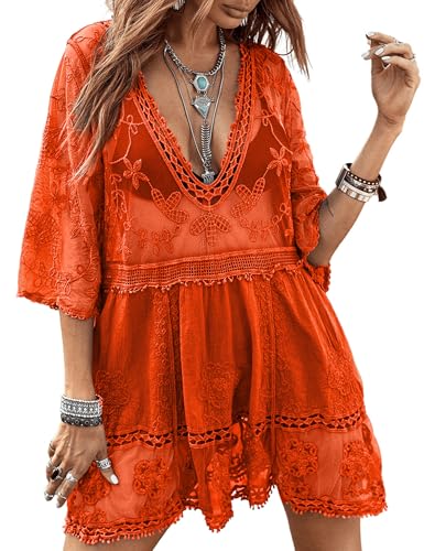 Eomenie Women's Contrast Lace Bathing Suit Cover Up V-Neck Swimsuit Coverups Loose Swimwear Beach Dress Beachwear