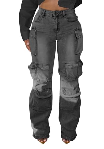 Unybwonn Women Rhinestone Cargo Jeans High Waisted Baggy Sexy Sparkly Cut Out Ripped Distressed Stretchy Denim Pants