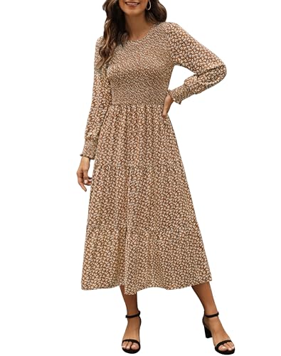 Zattcas Womens Fall Dresses 2025 Casual Long Sleeve Smocked Boho Floral Tiered Midi Wedding Guest Dress with Pockets