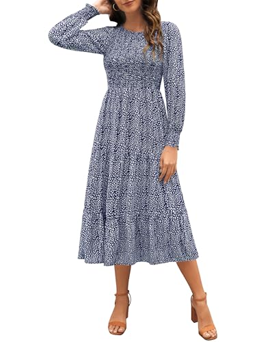 Zattcas Womens Fall Dresses 2025 Casual Long Sleeve Smocked Boho Floral Tiered Midi Wedding Guest Dress with Pockets