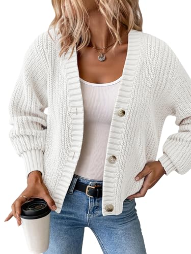Womens Chunky Knit Cardigan  Waffle Knit Button Down Oversized V Neck