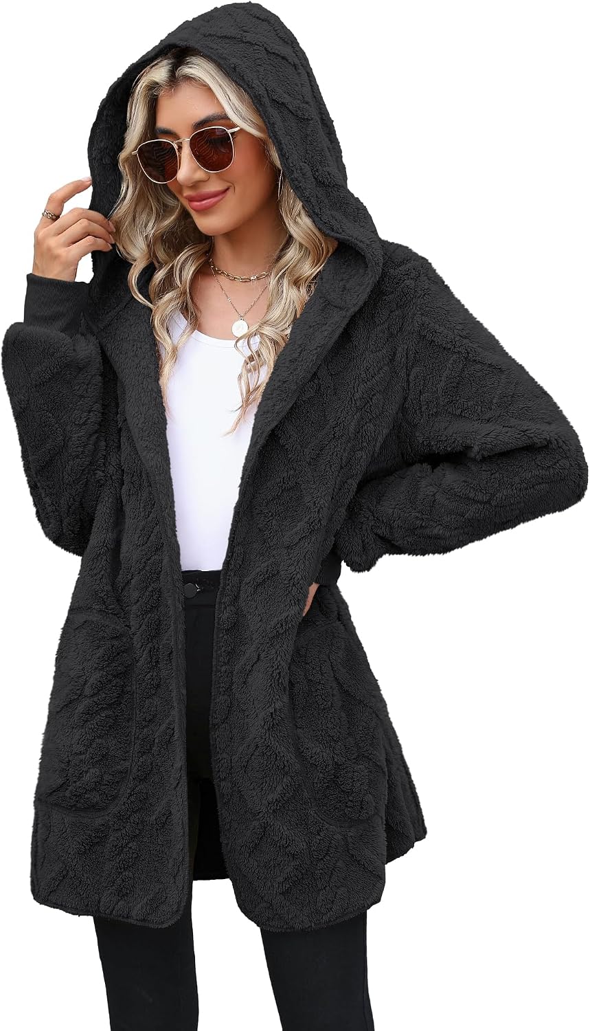 Yanekop Womens Oversized Sherpa Jacket Long Cardigan Sweaters Fuzzy Fleece Jacket Faux Fur Plus Size Coats with Pockets