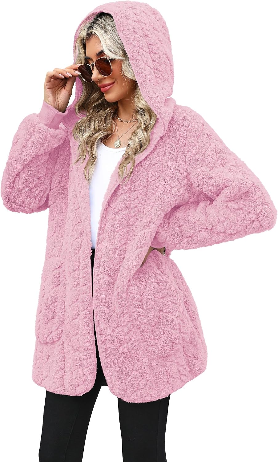 Yanekop Womens Oversized Sherpa Jacket Long Cardigan Sweaters Fuzzy Fleece Jacket Faux Fur Plus Size Coats with Pockets