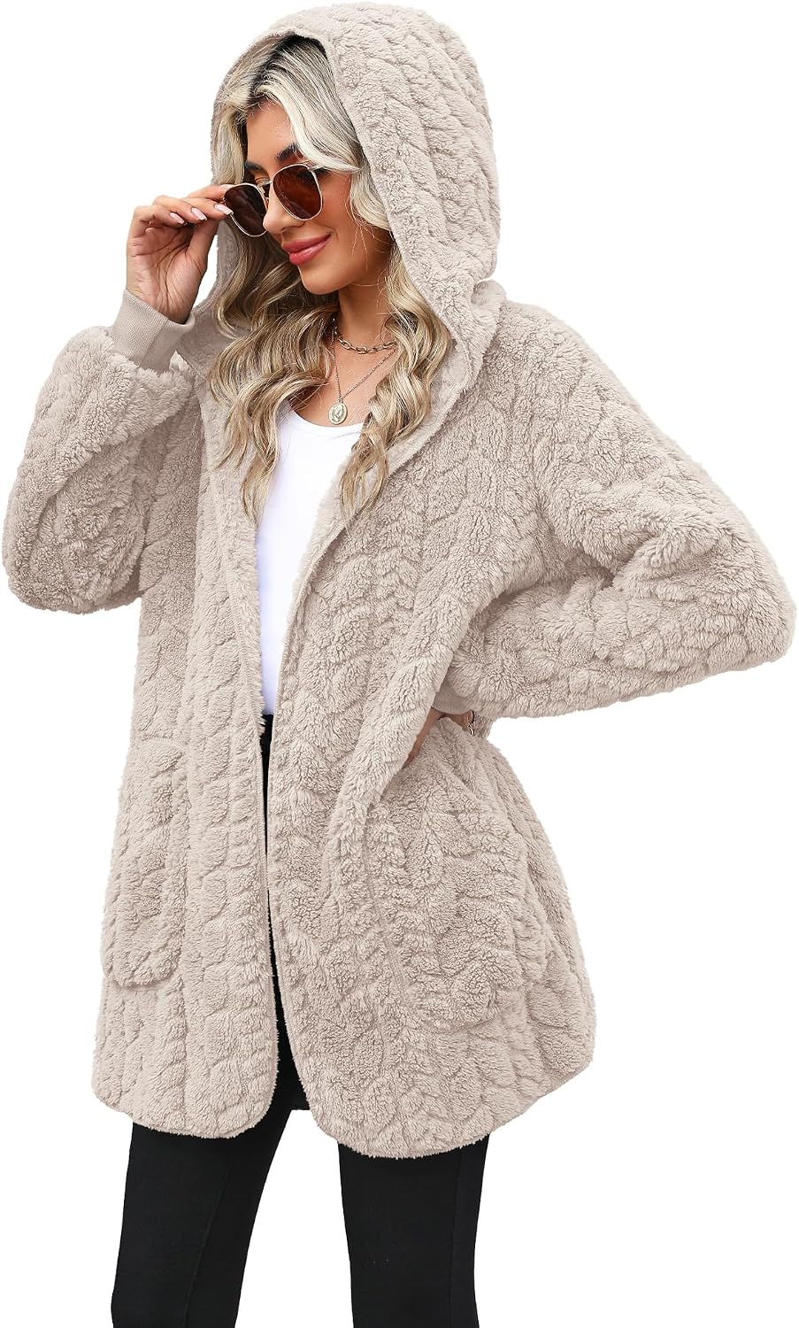 Yanekop Womens Oversized Sherpa Jacket Long Cardigan Sweaters Fuzzy Fleece Jacket Faux Fur Plus Size Coats with Pockets