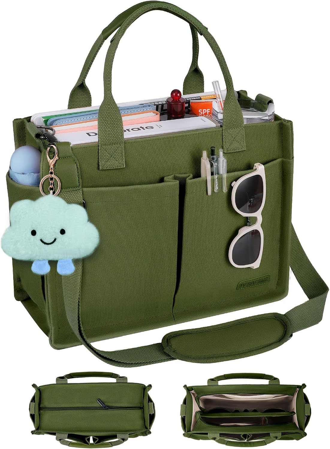 BESBESME Canvas Tote Bag for Women with Zipper & Compartments Large Work & College Laptop Tote Crossbody Shoulder Bag